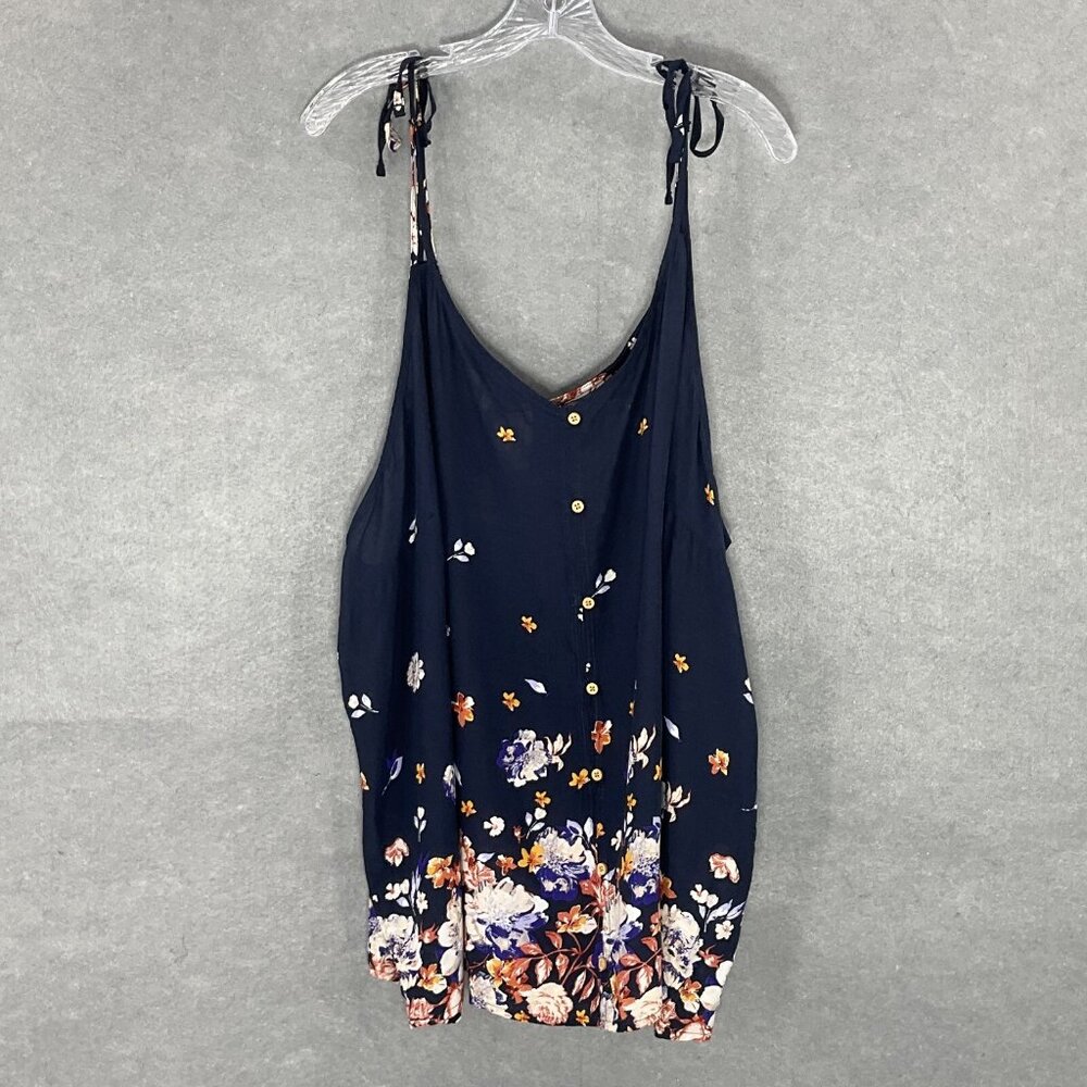 Maurices Tank Top Women 4X Blue Floral Bloom Tie Strap V-Neck Lightweight NEW